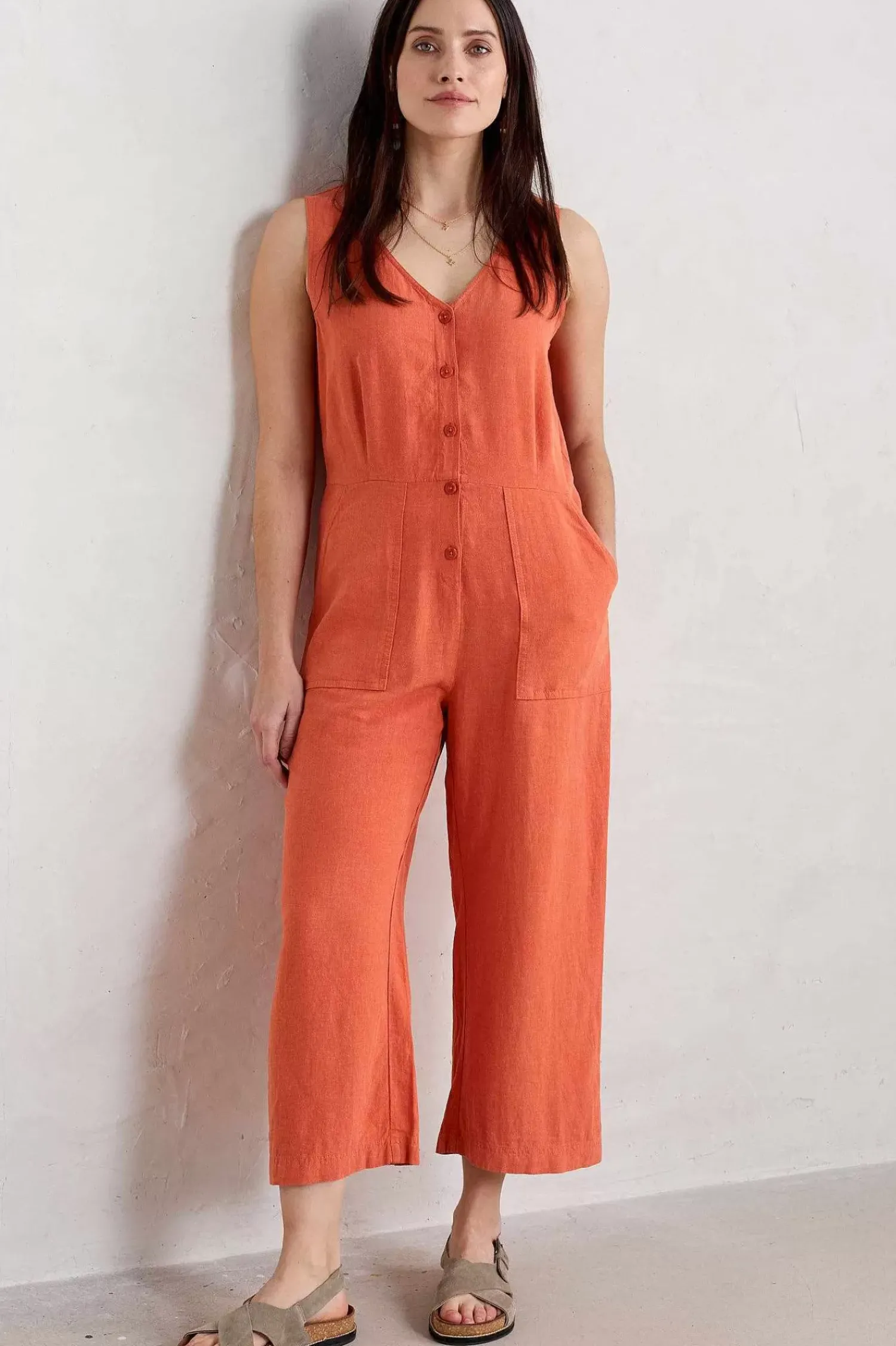 Trousers & Shorts<Seasalt Cornwall Carthew V Neck Linen Blend Jumpsuit Papaya