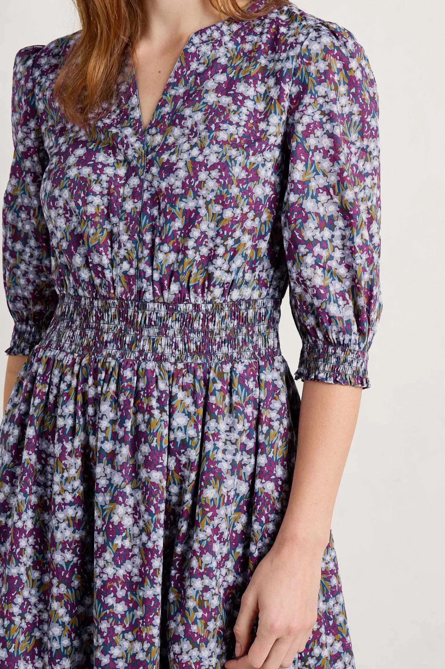 Dresses<Seasalt Cornwall Fawn Organic Cotton Waisted Midi Dress Heather Fields Verbena