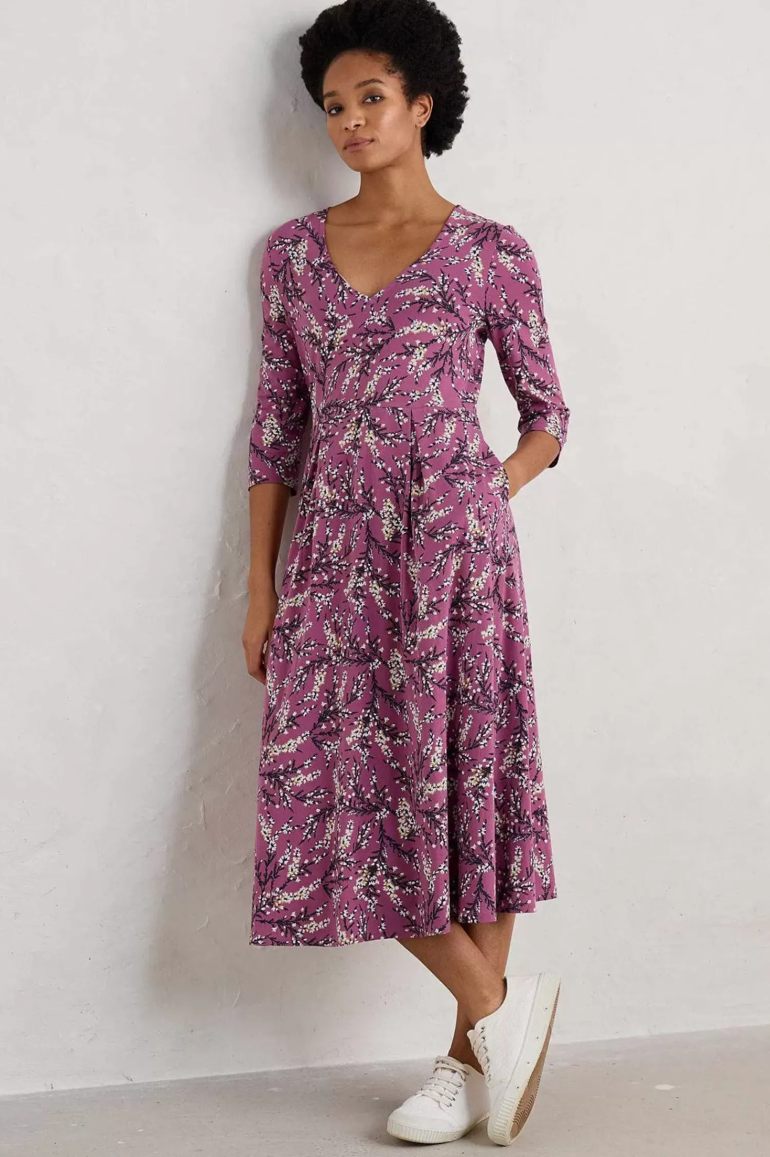Dresses<Seasalt Cornwall Helena V-Neck Jersey Midi Dress (Gots) Heather Sketch Buddleia