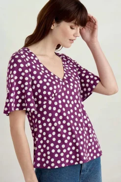 Tops<Seasalt Cornwall Herb Garden Angel Sleeve V-Neck Top Crayon Spot Cassis