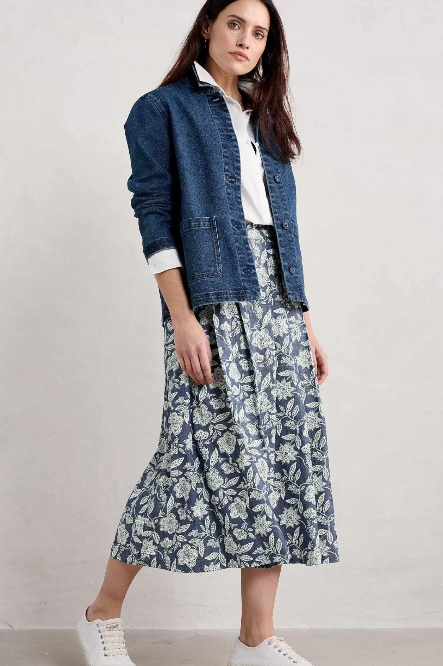 Skirts<Seasalt Cornwall Jamboree Chambray Midi Skirt Stone Flower Indigo