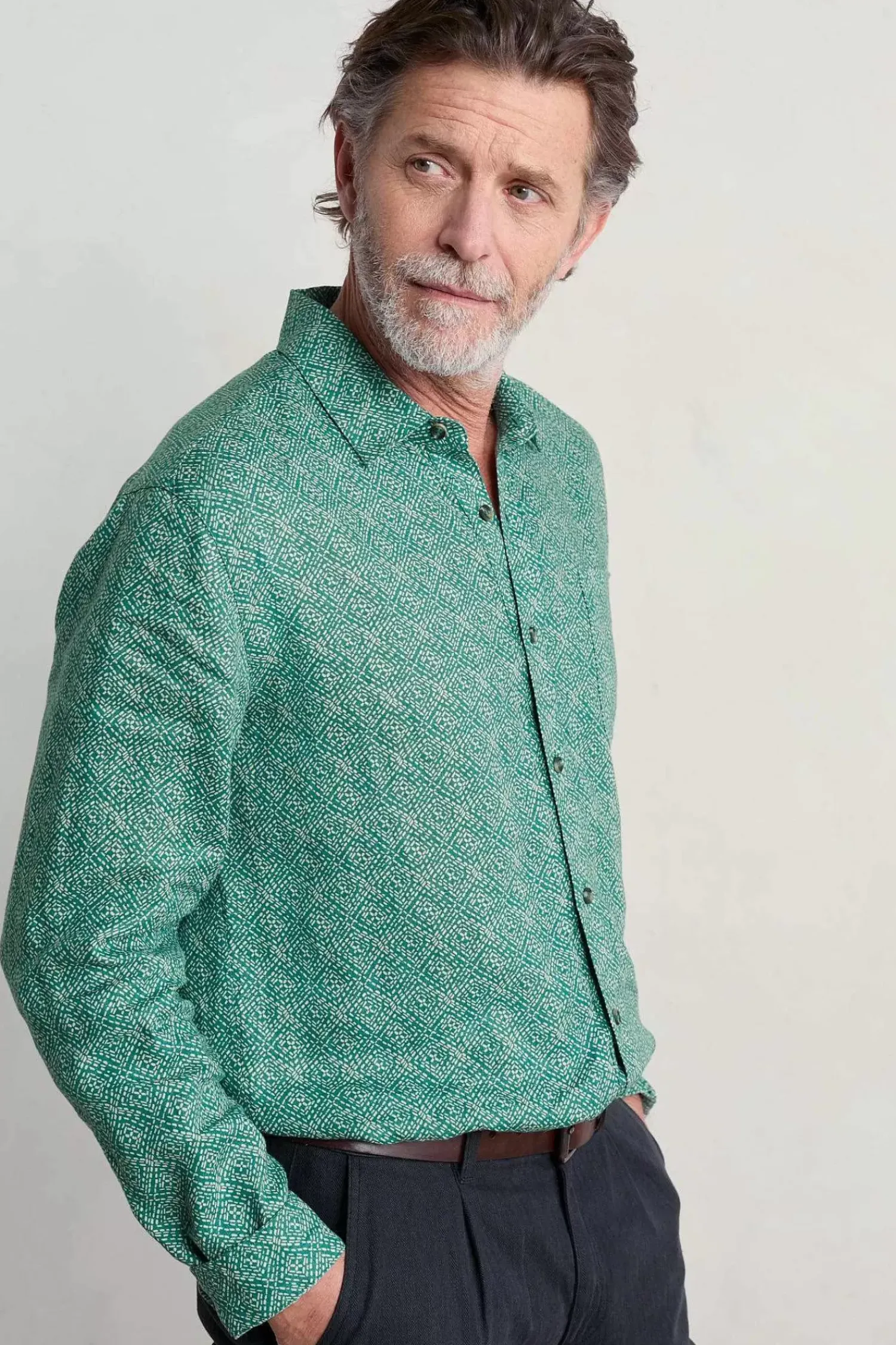 Shirts<Seasalt Cornwall Men's Anthony Printed Linen Shirt Sewn Geo Hepworth Green
