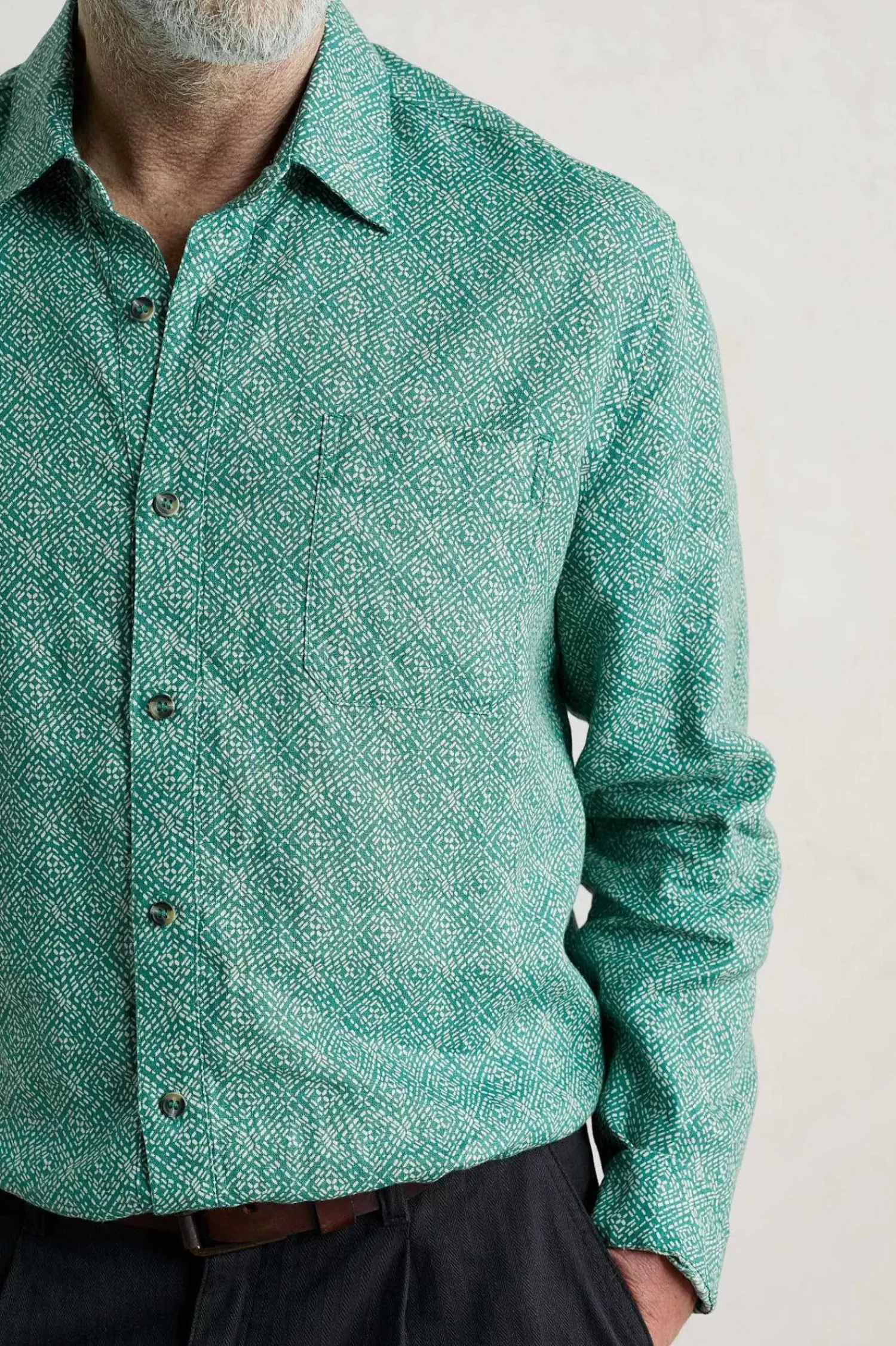 Shirts<Seasalt Cornwall Men's Anthony Printed Linen Shirt Sewn Geo Hepworth Green