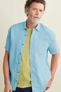 Tops & T-Shirts<Seasalt Cornwall Men's Carne Short Sleeve Linen Shirt Sky