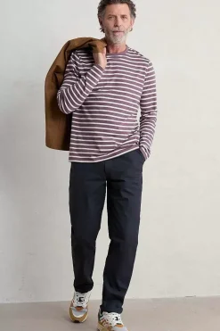 2 Mix & Match<Seasalt Cornwall Men's Sailor Shirt With Crew Neck (Gots) Breton Mallow Chalk