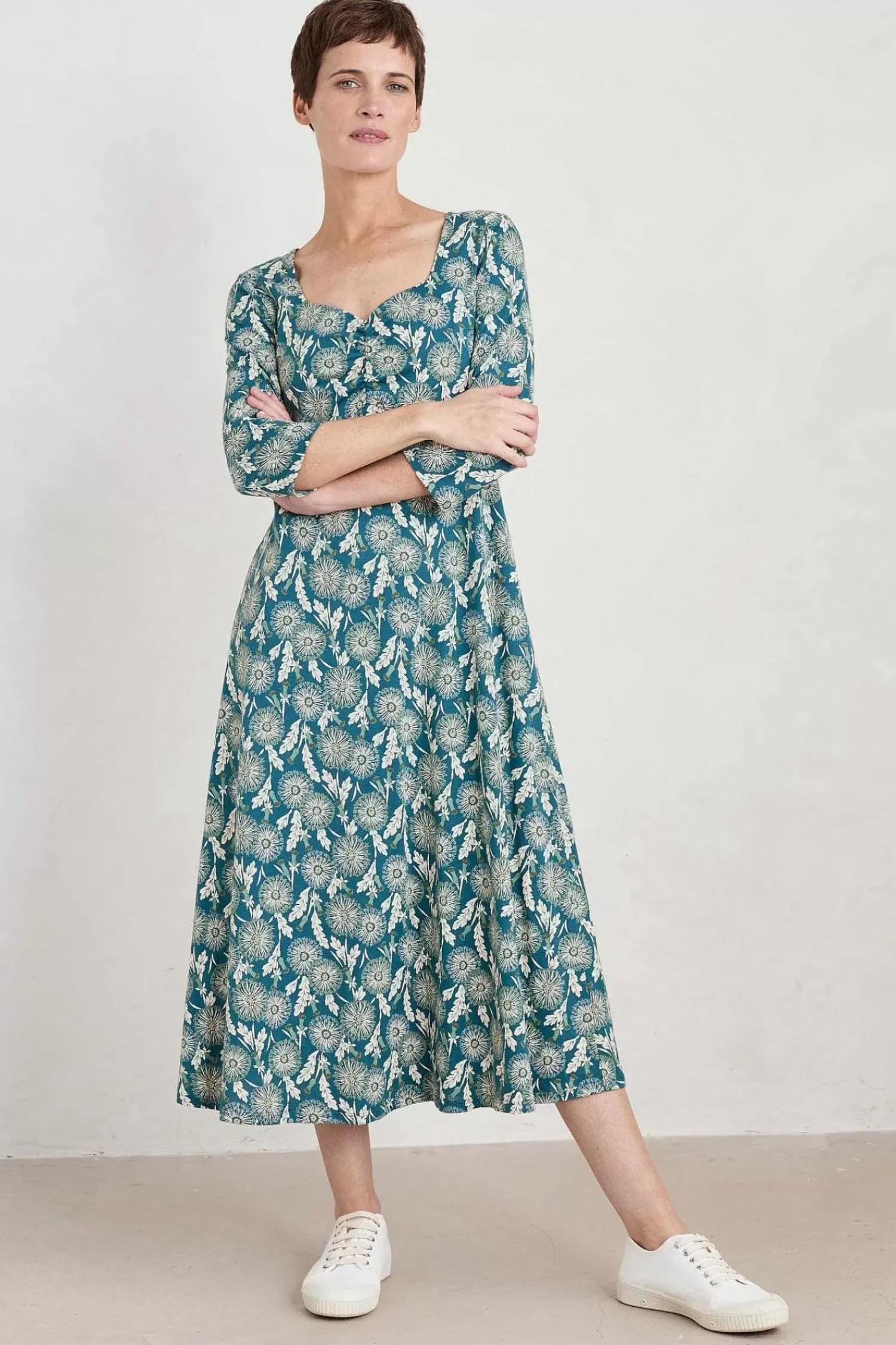 Dresses<Seasalt Cornwall Secret Cove 3/4 Sleeve Midi Dress Dandelion Seed Seaway
