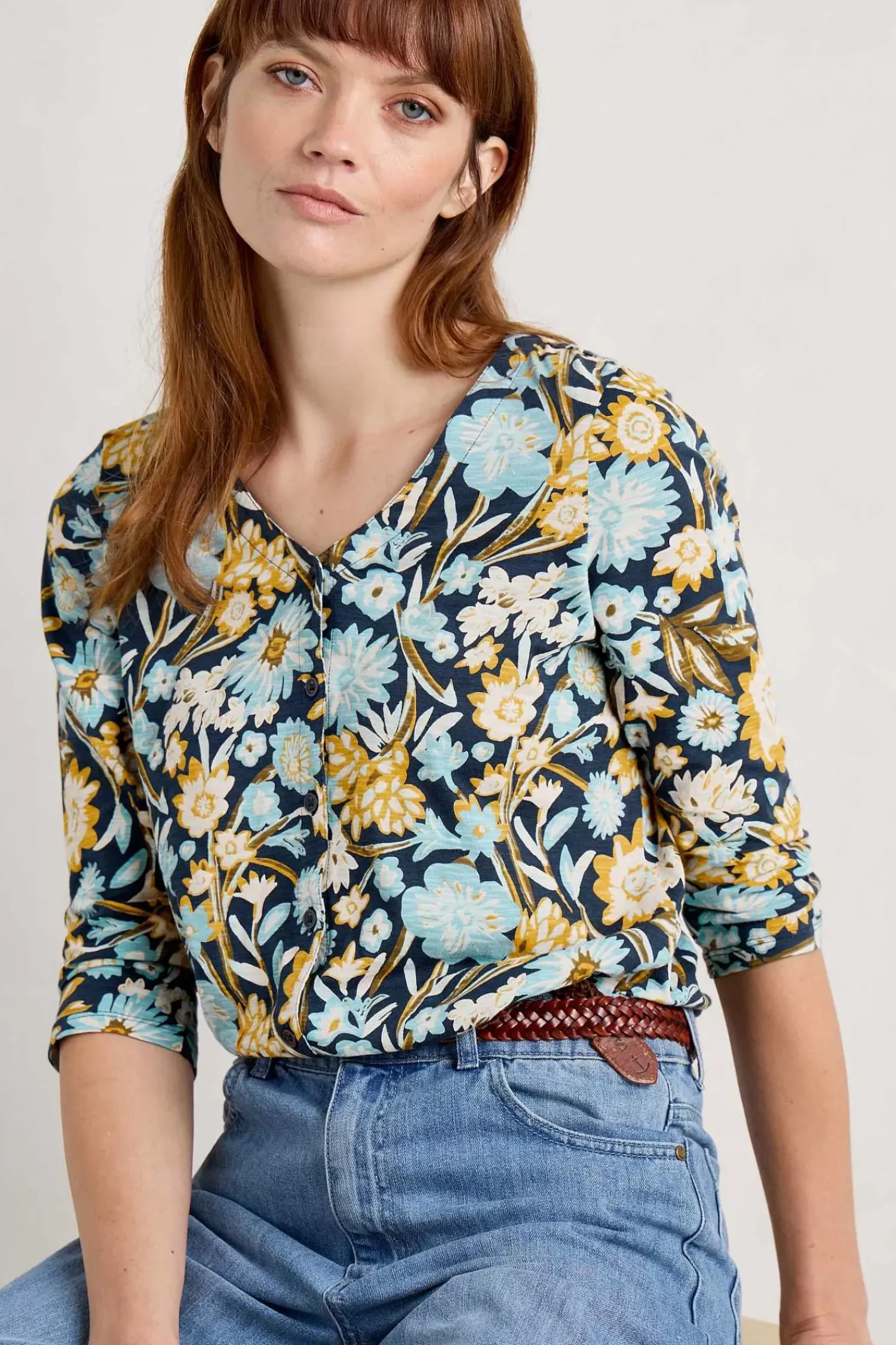 Tops<Seasalt Cornwall Studio Glass 3/4 Sleeve Top Floral Terrain Maritime