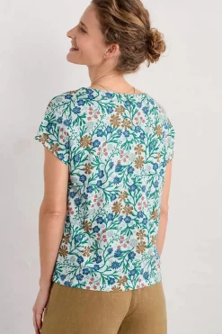 Tops<Seasalt Cornwall Studio Glass V-Neck Jersey Top Creekside Floral Chalk