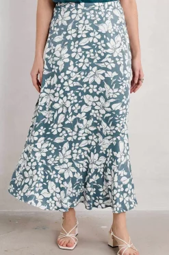 Skirts<Seasalt Cornwall Temple Printed Satin Midi Skirt Anemone Vintage Pool