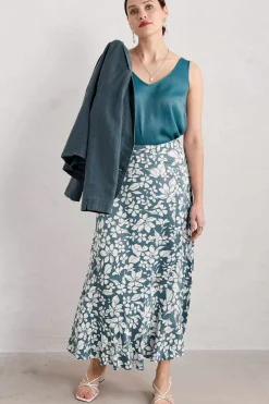 Skirts<Seasalt Cornwall Temple Printed Satin Midi Skirt Anemone Vintage Pool