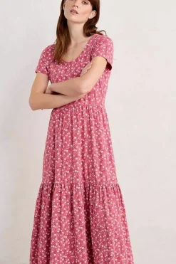 Dresses<Seasalt Cornwall Tor View Short Sleeve Tiered Jersey Dress Campion Vines Rose