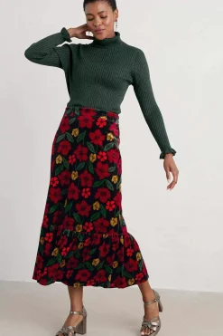 Skirts<Seasalt Cornwall Wildflower Tiered Velvet Maxi Skirt Collaged Rose Onyx Carmine